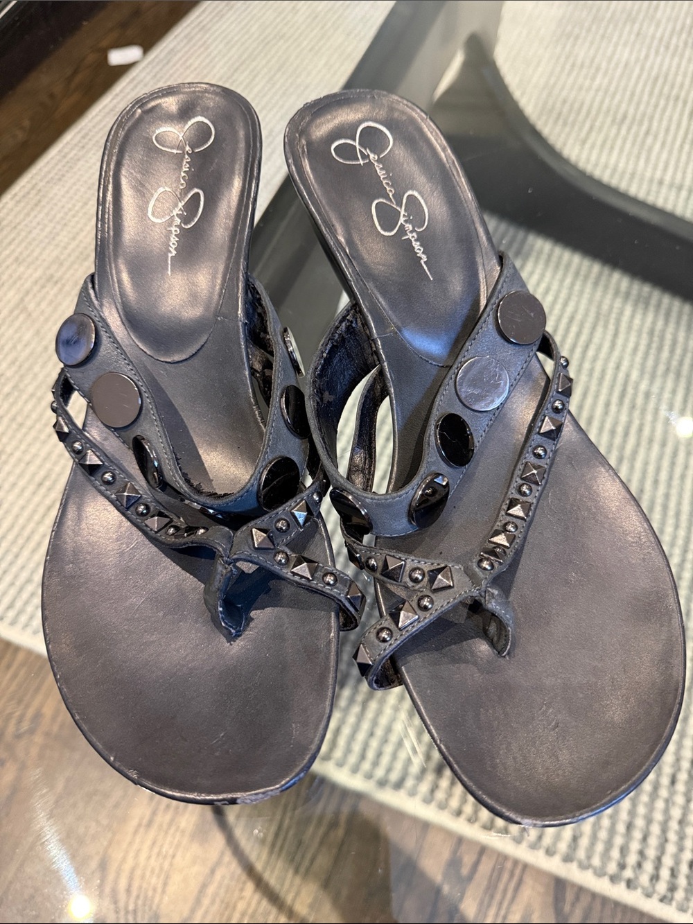 Jessica Simpson Black Studded T-Strap Sandals